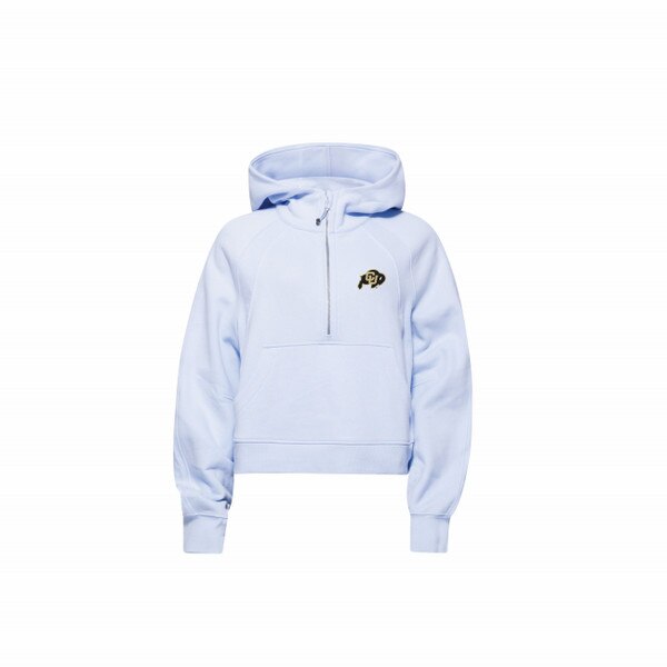 A light blue lululemon half zip hoodie with the CU Buffalo logo on the left side of the chest.